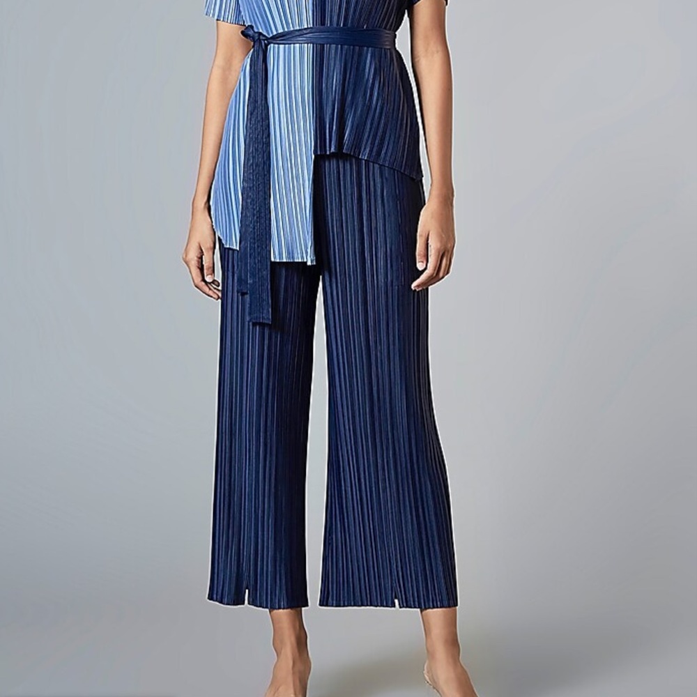 PLEATED capris navy blue belt pants short